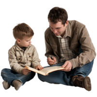 Father teaching his son to study, transparent background png