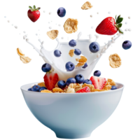 cereal comida copos de maíz, fresas, azul bayas y Leche volador en blanco bol, transparente antecedentes png