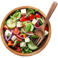 Salad in bowl, with wooden spoon and fork, transparent background png