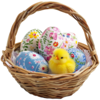 Colorful Easter eggs with picnic basket motif and one hatching yellow chick, transparent background png