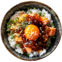 Japonais petit déjeuner menu, riz dans une bol, Saumon des œufs avec une peu soja sauce sur haut, transparent Contexte png