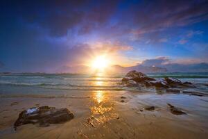 Skagsanden beach on sunset, Lofoten islands, Norway photo