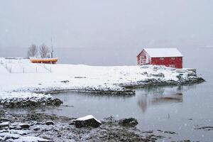 Red rorbu house in winter, Lofoten islands, Norway photo