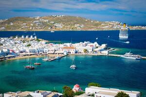 Mykonos island port with boats, Cyclades islands, Greece photo