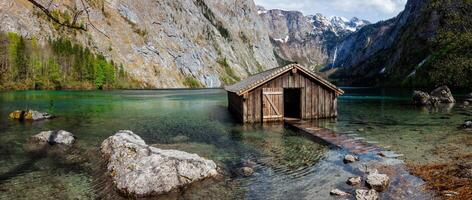 Panorama of Obersee mountain lake in Alps photo