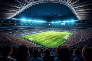 A soccer field with a large crowd of people watching the game photo