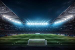 A soccer field with a large crowd of people watching the game photo