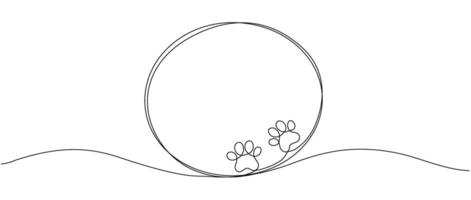Black circle with dog or cat paw print design drawn with a continuous line. Single line frame icon with paw print editable line illustration vector