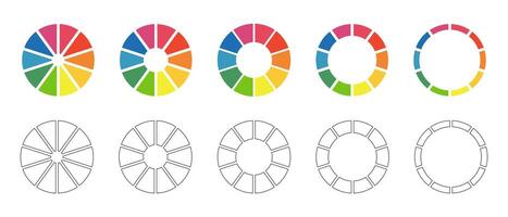 circulo sección grafico. conjunto de rosquilla gráficos, pasteles segmentario en 10 igual partes. ruedas dividido en diez secciones. diagramas infografía multicolor recopilación. tarta gráfico redondo icono. cargando bar. vector