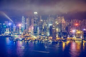 Aerial view of illuminated Hong Kong skyline. Hong Kong, China photo