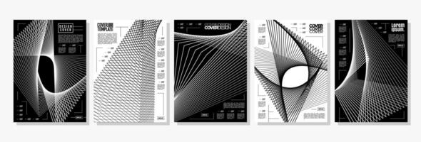 Black technology motion sharp line abstract cover design set vector