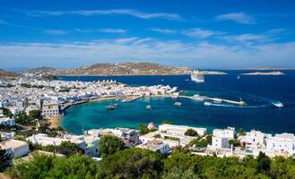 Mykonos island port with boats, Cyclades islands, Greece photo