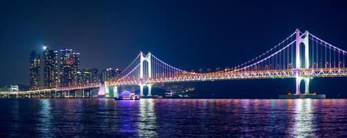 Gwangan Bridge and skyscrapers in the night. Busan, South Korea photo