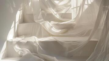 White linen fabric draped over a white staircase. photo