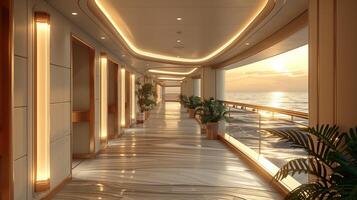 The wide aisle of the cruise ship with the seaside scenery. photo