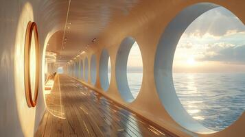 The wide aisle of the cruise ship with the seaside scenery. photo