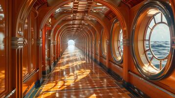 The wide aisle of the cruise ship with the seaside scenery. photo