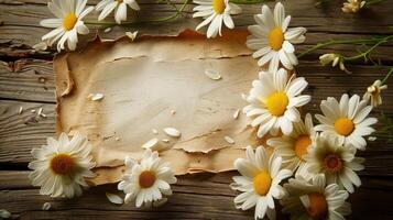 A background of vibrant white daisies scattered around a rustic wooden surface. photo