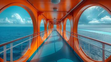 The wide aisle of the cruise ship with the seaside scenery. photo