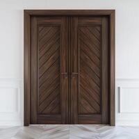 Dark brown wooden door with diagonal grooves on the surface with white wall in background. photo