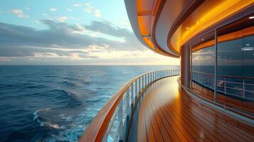 The wide aisle of the cruise ship with the seaside scenery. photo