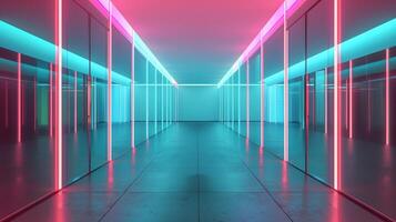 un largo corredor con vaso paredes, azul y rosado neón luz, futurista arquitectura. foto
