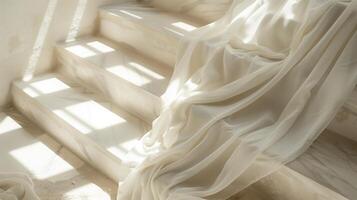 White linen fabric draped over a white staircase. photo