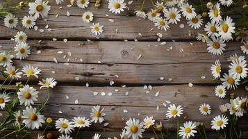 A background of vibrant white daisies scattered around a rustic wooden surface. photo