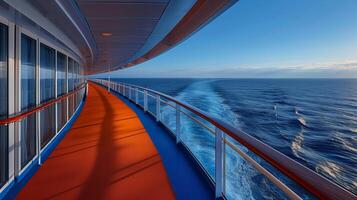 The wide aisle of the cruise ship with the seaside scenery. photo