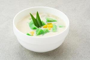 Es Bongko, traditional food made from hunkwe flour, pandan leaves, coconut milk. Indonesian food photo