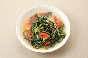 Tumis Kangkung or Ca Kangkung, Indonesian food. Served on white plate photo