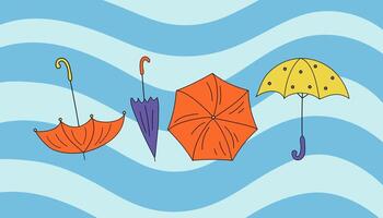 Set of bright multi-colored umbrellas. Umbrella doodle drawing. Colored isolated background, waves, water, icons, illustration. vector