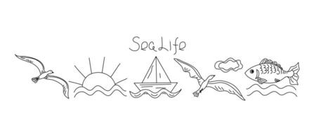 Summer beach sea set. Relaxation on the sea, ocean. Fish, ship, seagulls, sun. Summer holidays. Black and white icons. Illustration on an isolated background. vector