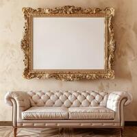 A vintage, antique frame with intricate gold detailing hangs on the wall above a plush velvet sofa. photo