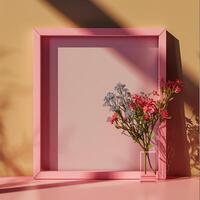A pink square frame with a shadow with flowers in background. photo