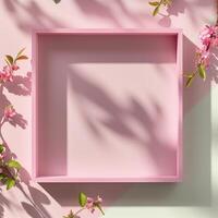 A pink square frame with a shadow with flowers in background. photo