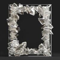 A large, thin rectangular frame made out of a clear, solid white diamond geode cluster. photo