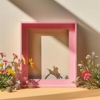 A pink square frame with a shadow with flowers in background. photo