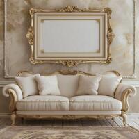 A vintage, antique frame with intricate gold detailing hangs on the wall above a plush velvet sofa. photo
