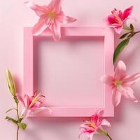 A pink square frame with a shadow with flowers in background. photo