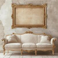A vintage, antique frame with intricate gold detailing hangs on the wall above a plush velvet sofa. photo