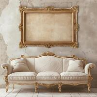 A vintage, antique frame with intricate gold detailing hangs on the wall above a plush velvet sofa. photo