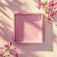 A pink square frame with a shadow with flowers in background. photo