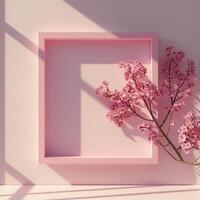 A pink square frame with a shadow with flowers in background. photo