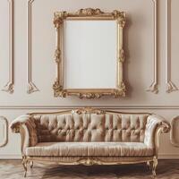 A vintage, antique frame with intricate gold detailing hangs on the wall above a plush velvet sofa. photo