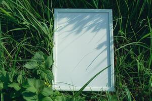 A plain white frame mockup, laying on grass in sunny day. photo