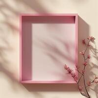 A pink square frame with a shadow with flowers in background. photo