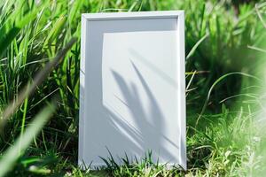 A plain white frame mockup, laying on grass in sunny day. photo