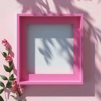 A pink square frame with a shadow with flowers in background. photo