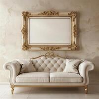 A vintage, antique frame with intricate gold detailing hangs on the wall above a plush velvet sofa. photo